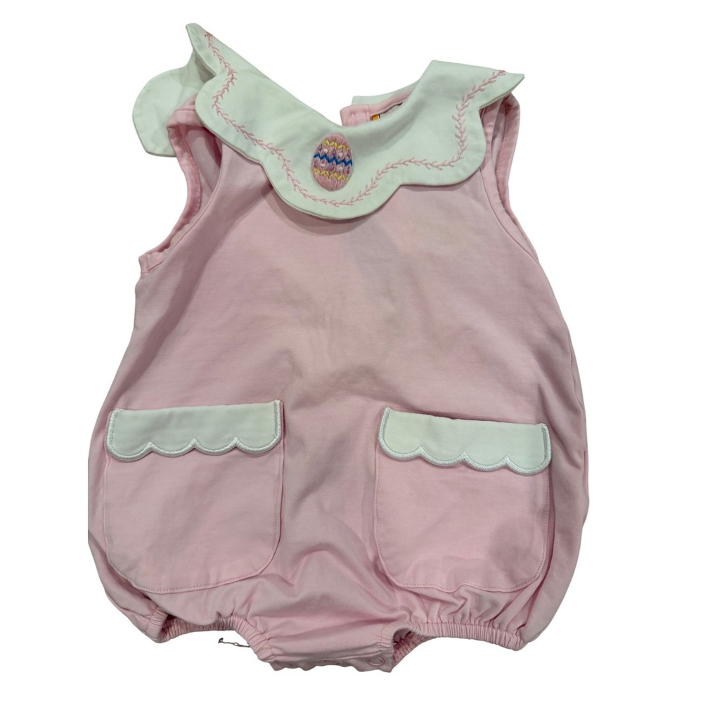 Babeeni Pink Easter Egg Bubble Romper Peter Pan Collar Scalloped Trim 9M